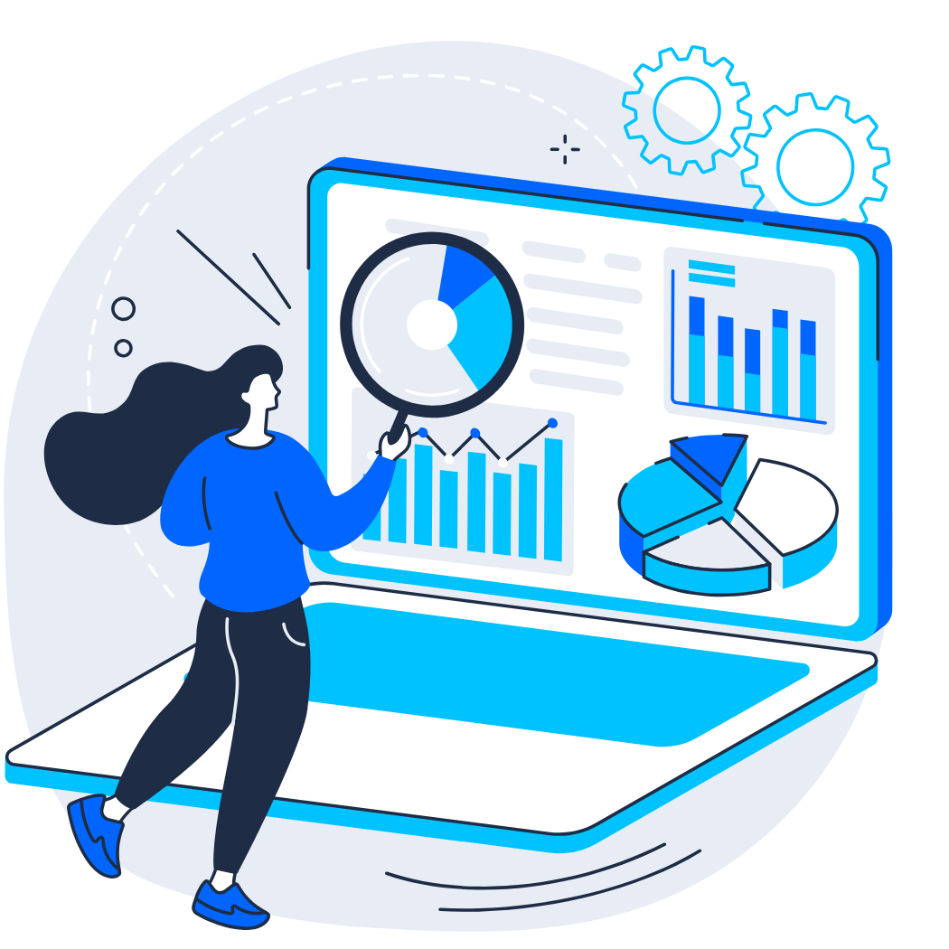 A person analyzing charts and data on a laptop with a magnifying glass, representing visibility analysis across AI search platforms